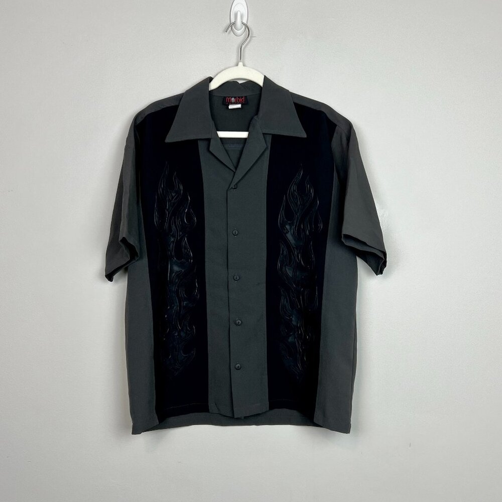 Vintage Morbid Threads Gray Button Up Men’s Medium Black Flames Goth Y2K 90's